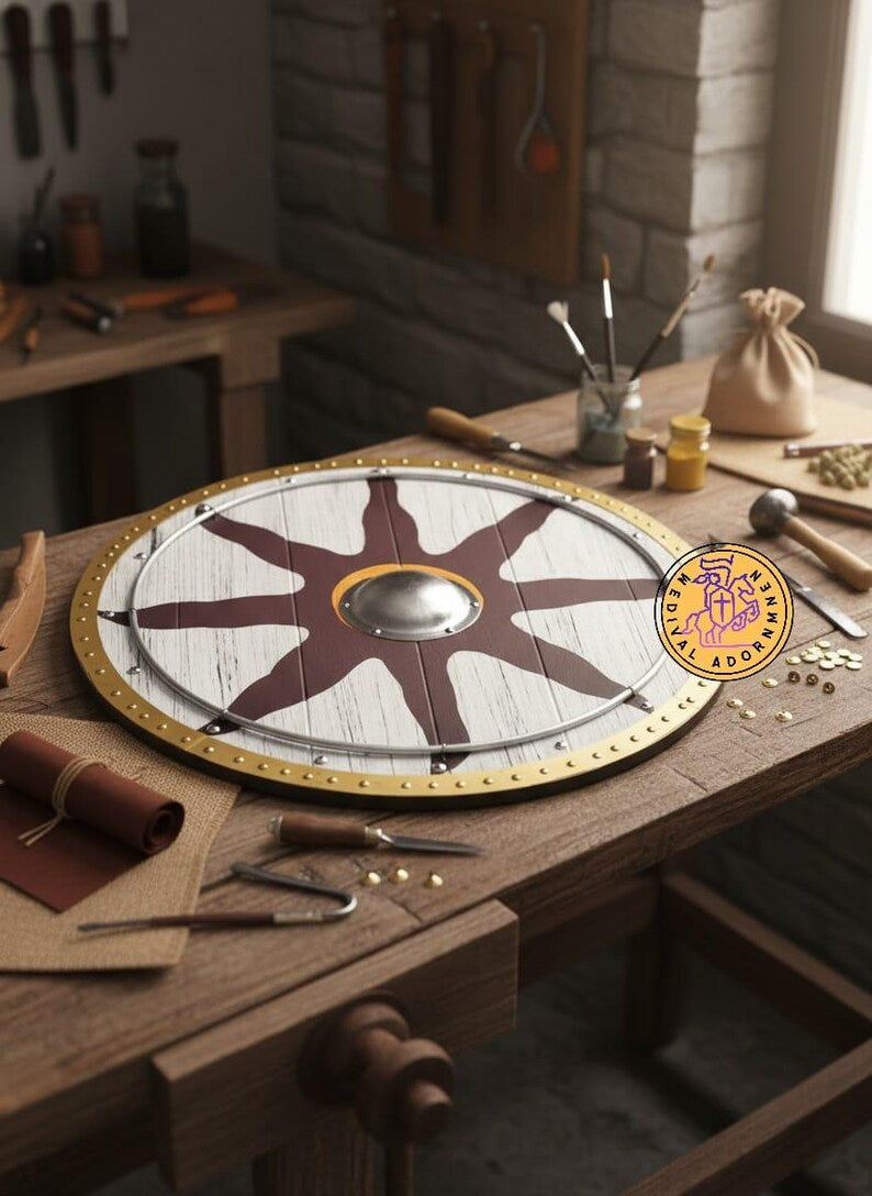 Handmade Viking Sun Shield wooden wall decor – hand-painted battle-worn finish
