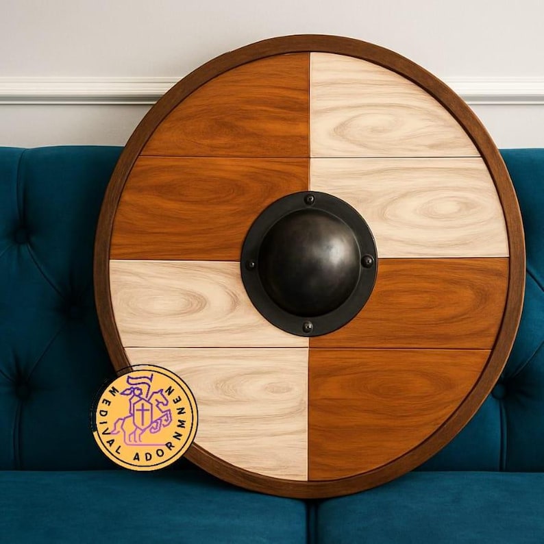Handmade wooden Viking round shield, Norse decor – central metal shield boss