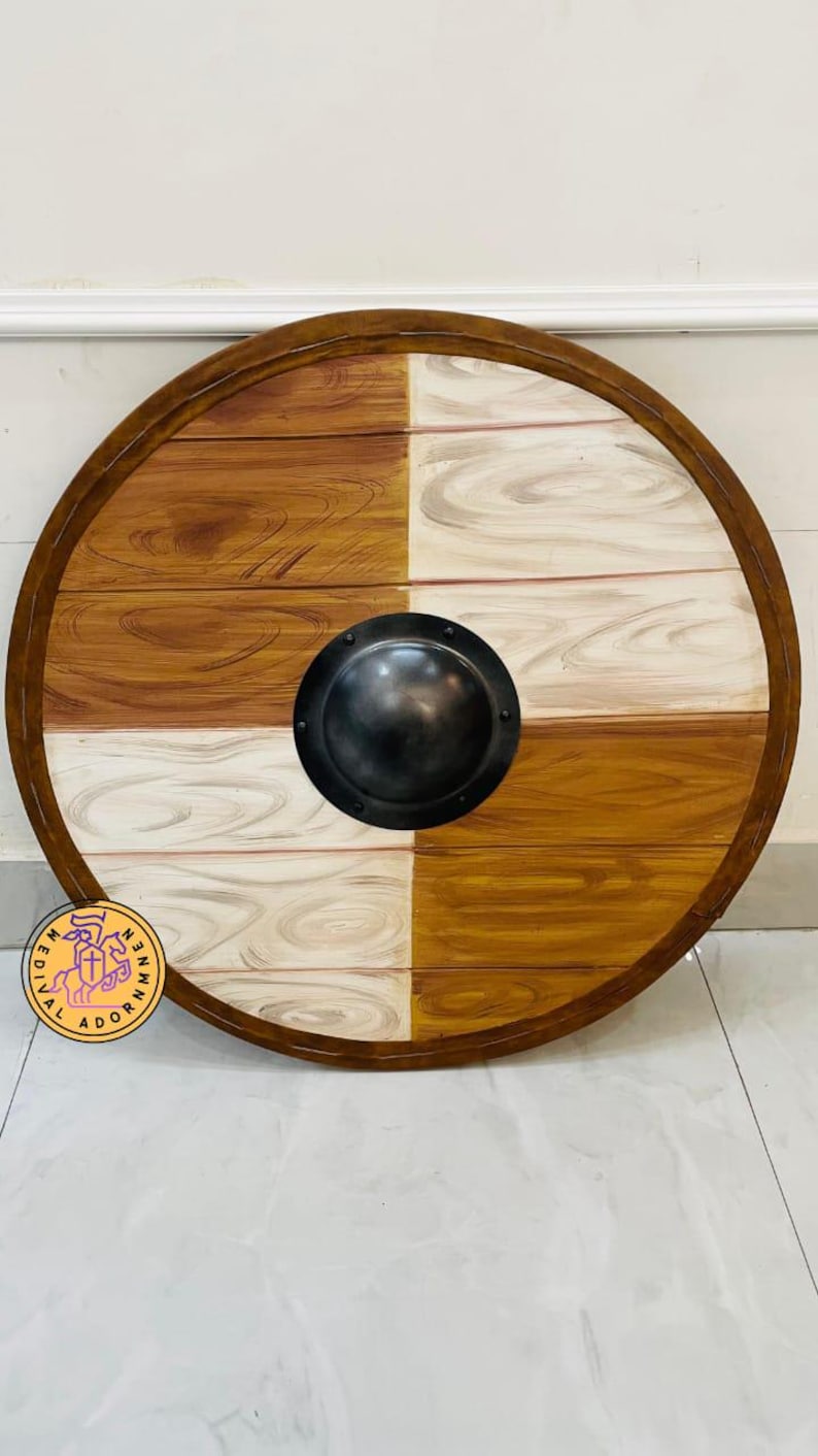 Handmade wooden Viking round shield, Norse decor – handcrafted weathered finish with natural wood tones