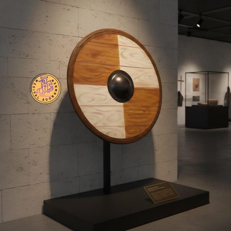 Handmade wooden Viking round shield, Norse decor – central metal shield boss