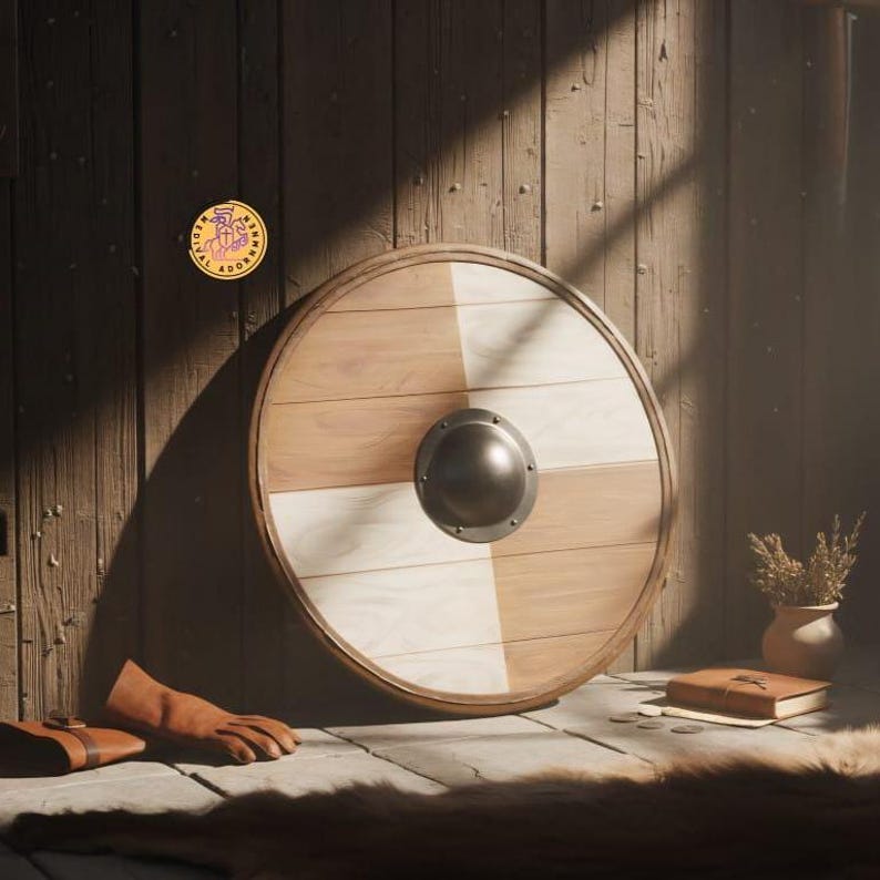Handmade wooden Viking round shield, Norse decor – handcrafted weathered finish with natural wood tones