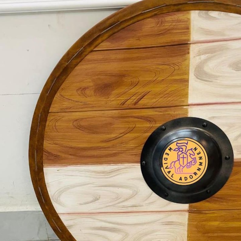 Handmade wooden Viking round shield, Norse decor – central metal shield boss