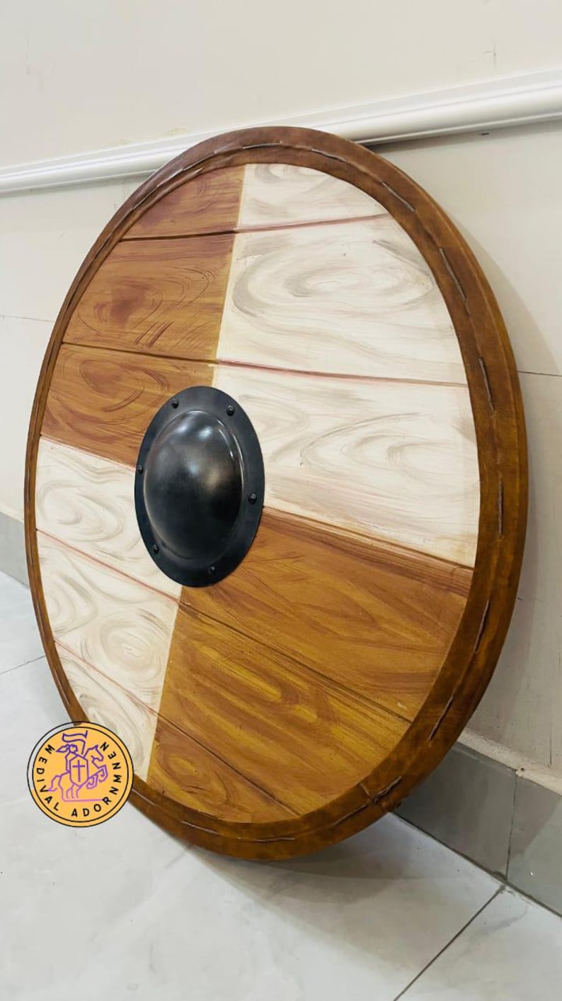 Handmade wooden Viking round shield, Norse decor – approximately 30 inches in diameter
