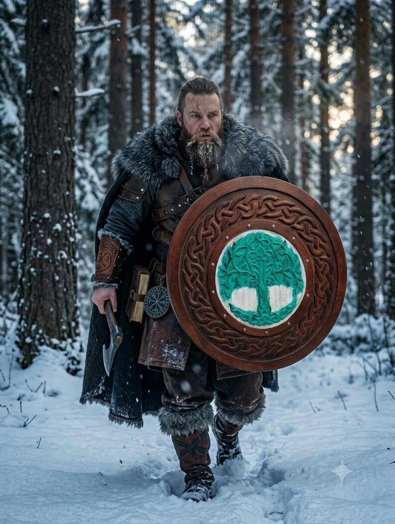 Handmade Yggdrasil Viking Shield, Tree of Life wall decor – rustic handcrafted wood finish