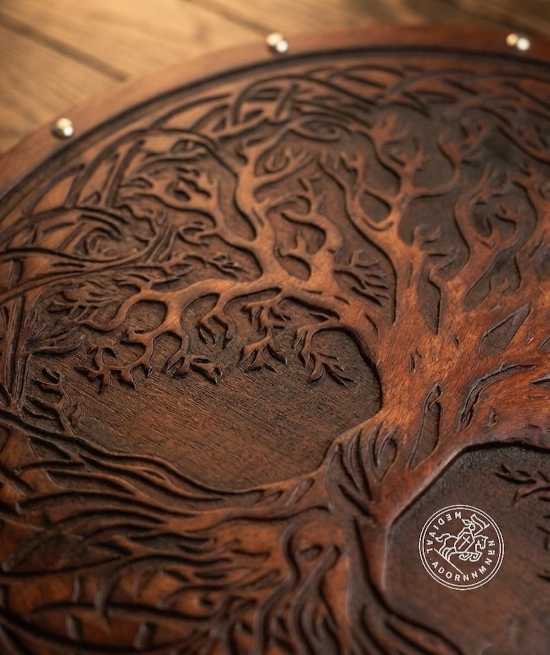 Handmade Yggdrasil Viking Shield, Tree of Life wall decor – intricate Yggdrasil Tree of Life carved design