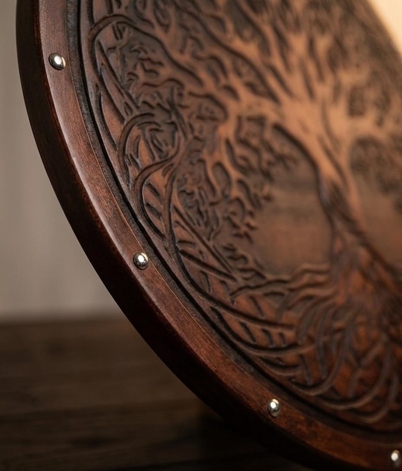 Handmade Yggdrasil Viking Shield, Tree of Life wall decor – rustic finish with natural wood grain
