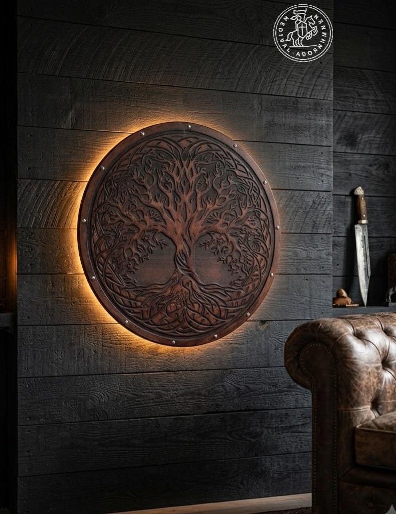 Handmade Yggdrasil Viking Shield, Tree of Life wall decor – intricate Yggdrasil Tree of Life carved design