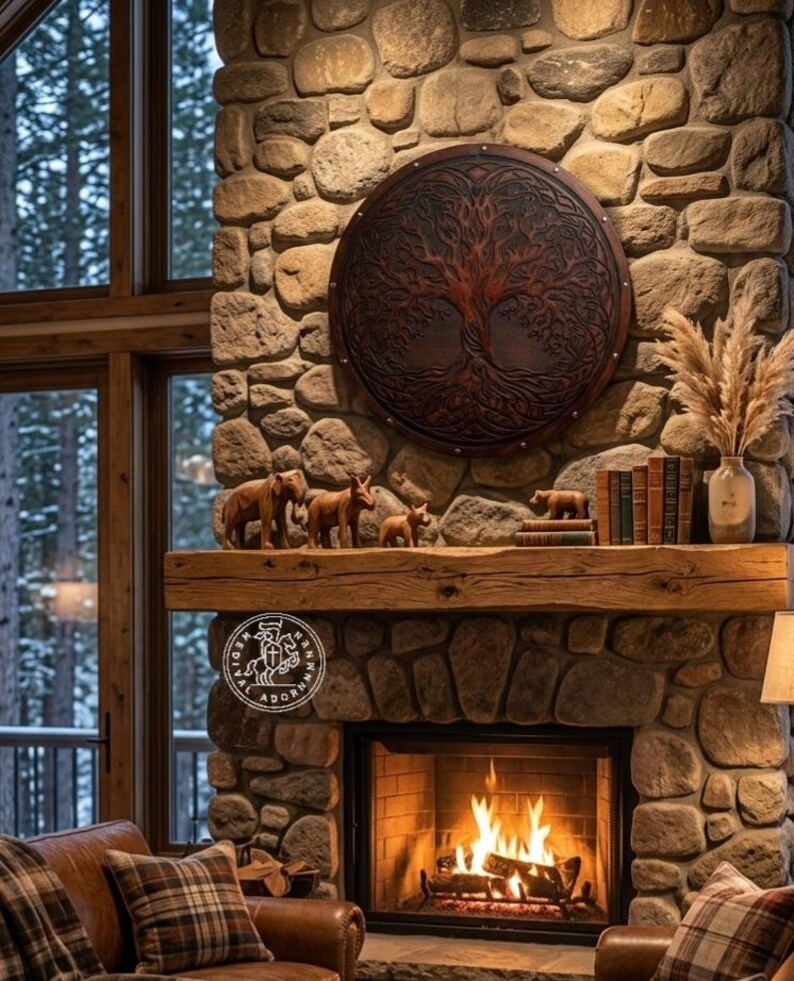 Handmade Yggdrasil Viking Shield, Tree of Life wall decor – rustic finish with natural wood grain