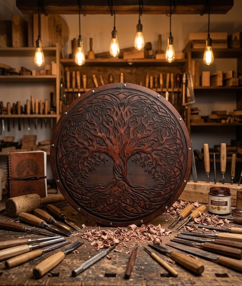 Handmade Yggdrasil Viking Shield, Tree of Life wall decor – Scandinavian wall hanging for Viking-themed decor