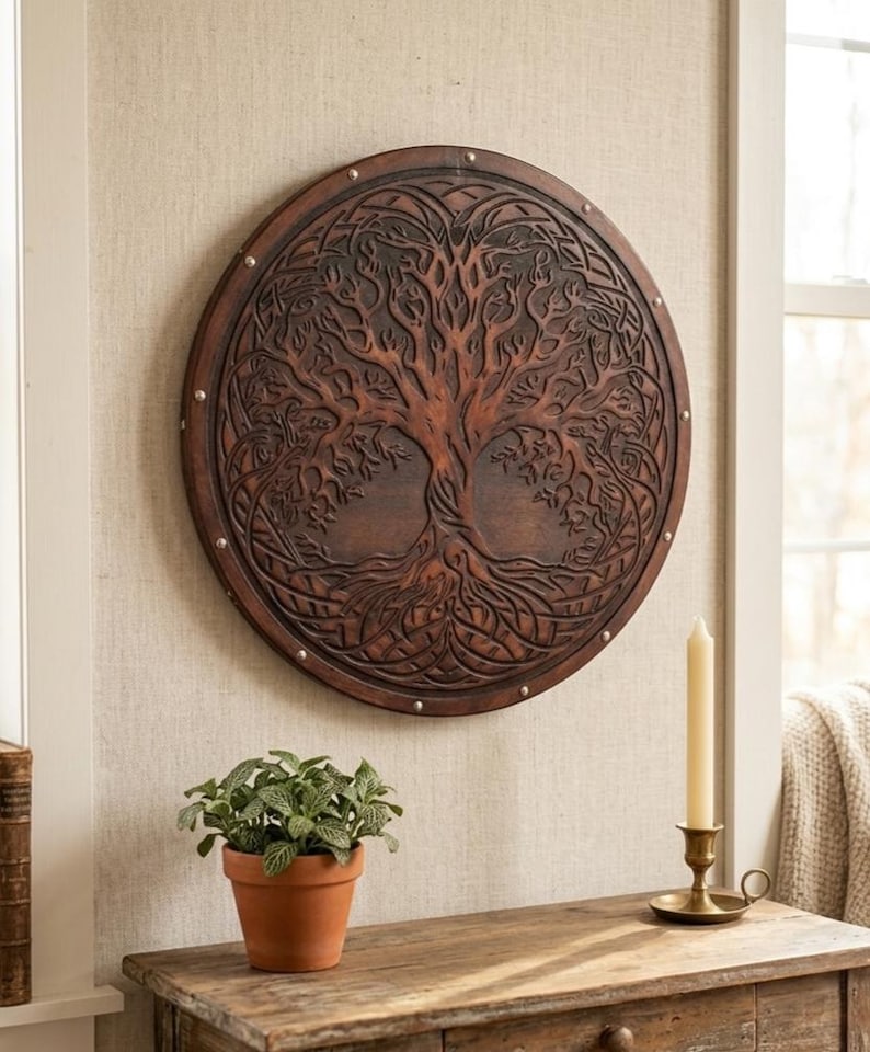 Handmade Yggdrasil Viking Shield, Tree of Life wall decor – intricate Yggdrasil Tree of Life carved design
