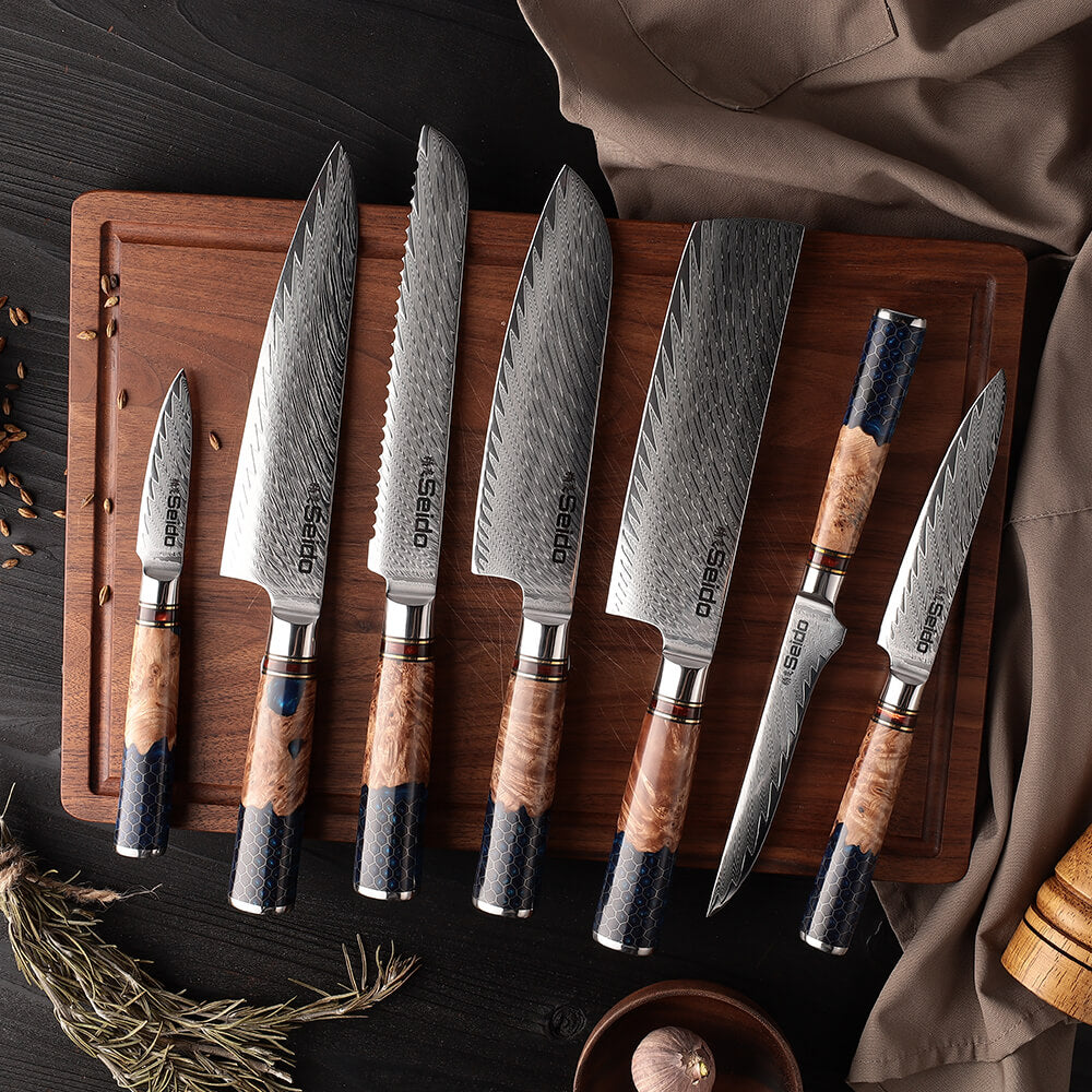 Hanikamu 7-piece VG10 Damascus chef knife set with honeycomb resin handles