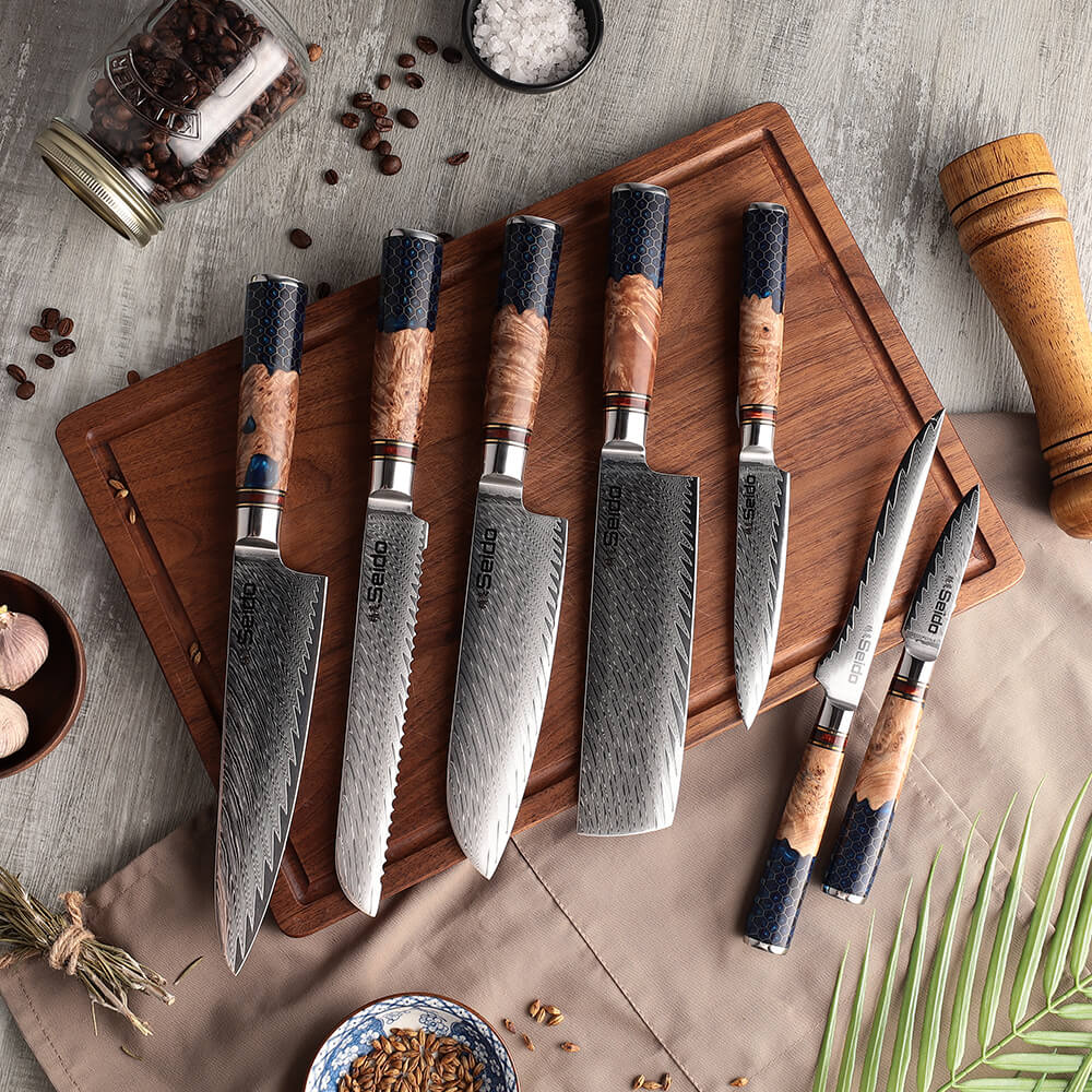 Hanikamu VG10 Damascus knives with honeycomb epoxy resin and stabilized wood handles