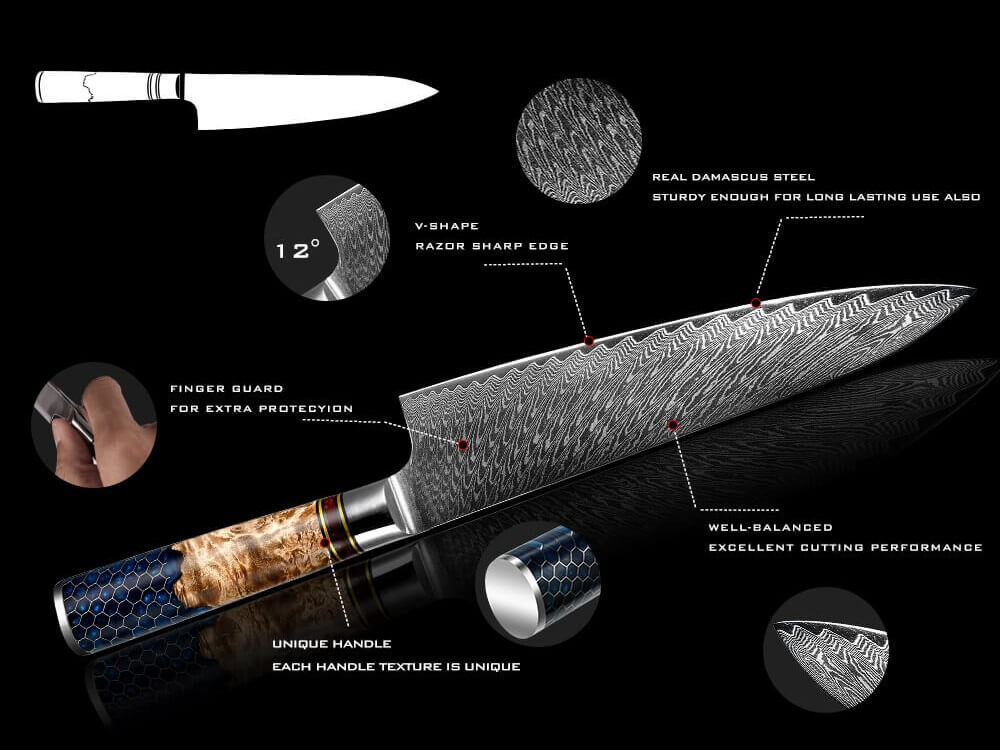 Hanikamu 7-piece Damascus kitchen knife set, a gift for chefs