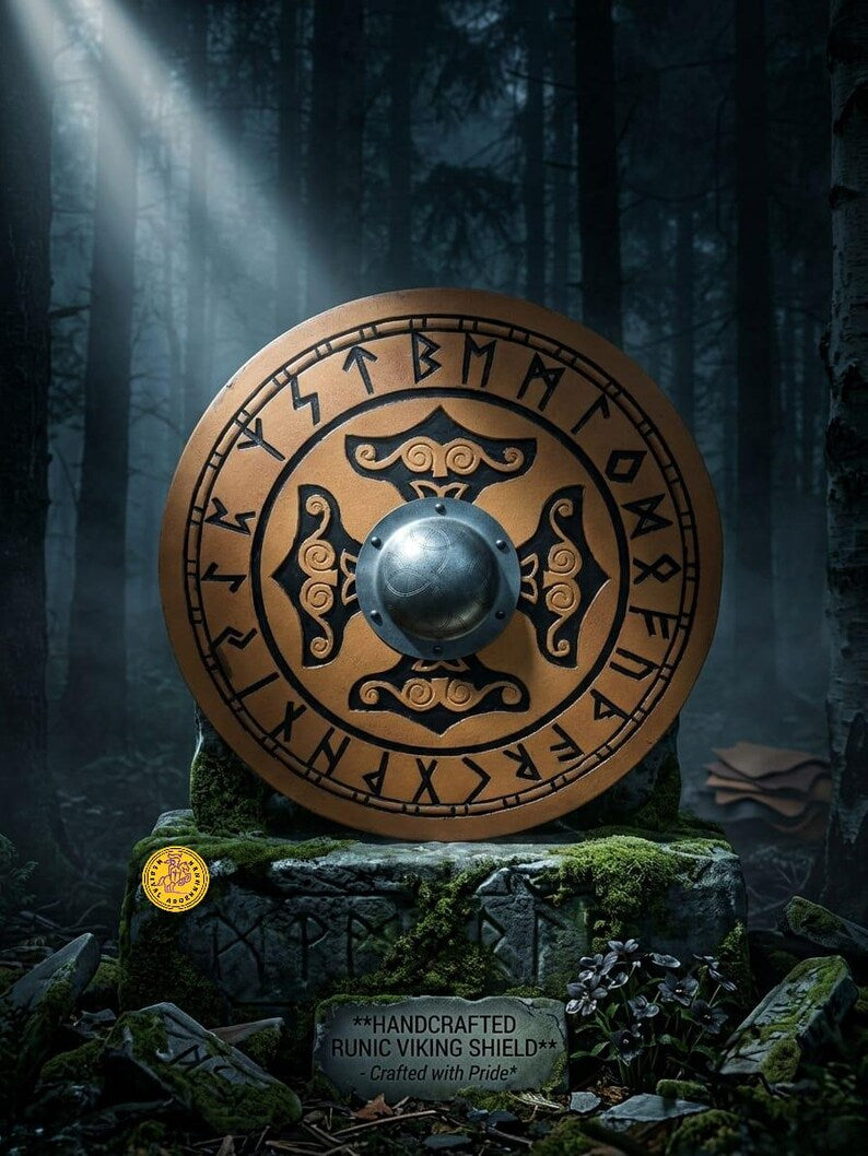 Helm of Awe Viking Shield, Celtic knot Norse decor – Helm of Awe design with Celtic knot and black rune detailing