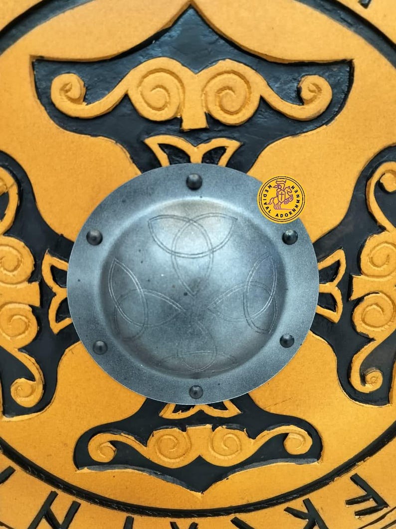 Helm of Awe Viking Shield, Celtic knot Norse decor – Helm of Awe design with Celtic knot and black rune detailing