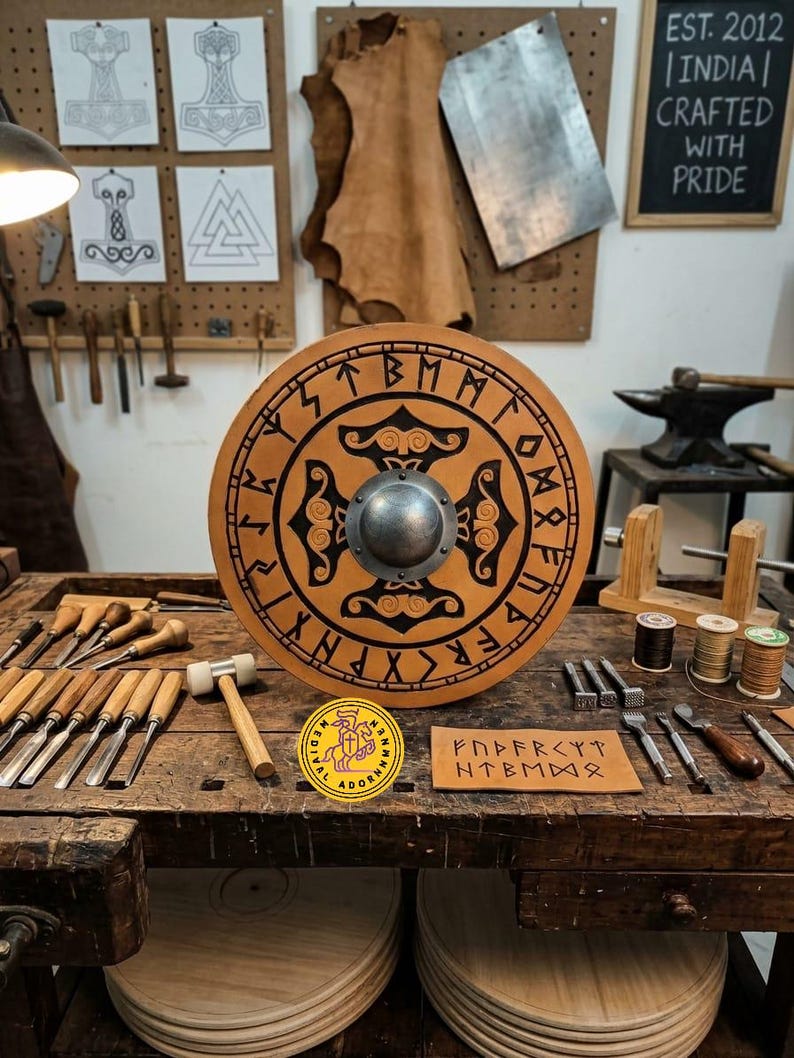 Helm of Awe Viking Shield, Celtic knot Norse decor – solid wood with steel accents