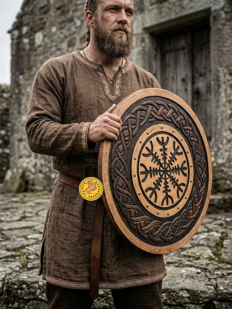 Helm of Awe Viking Shield, Norse wall decor – solid wood construction with steel accents