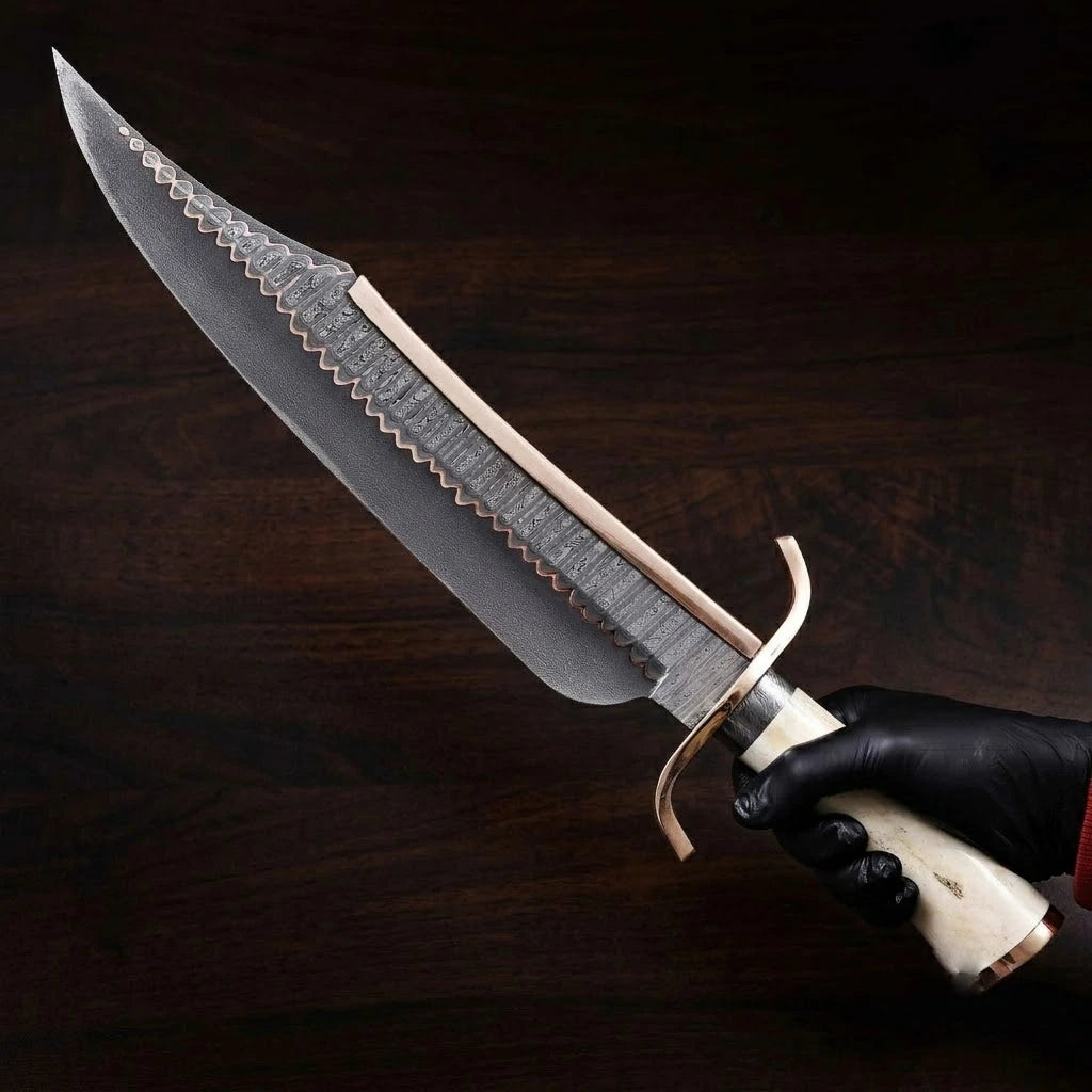 A hand wearing a black nitrile glove holding a large custom hand-forged Damascus steel Bowie knife, showcasing its long blade with a thick brass spine plate, curved brass guard, and polished white bone handle against a dark wood background