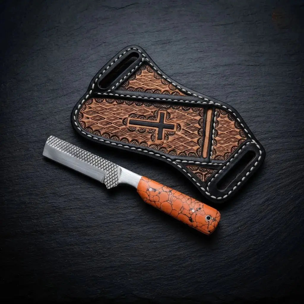 7-inch stone handle cowboy knife with cross-draw leather sheath