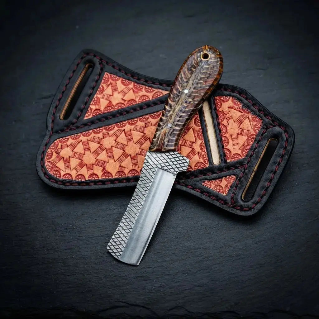 Handmade 6-inch cowboy bull cutter knife with pinecone resin handle and horse rasp steel blade