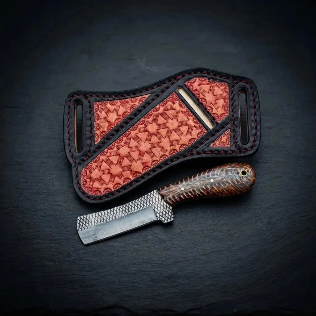 Pinecone and resin handle bull cutter knife with steel bolster and cross-draw leather sheath