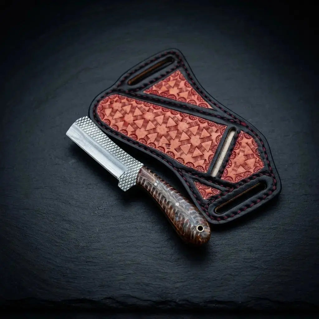 Small western bull cutter knife in horse rasp steel with pinecone resin handle and stitched sheath