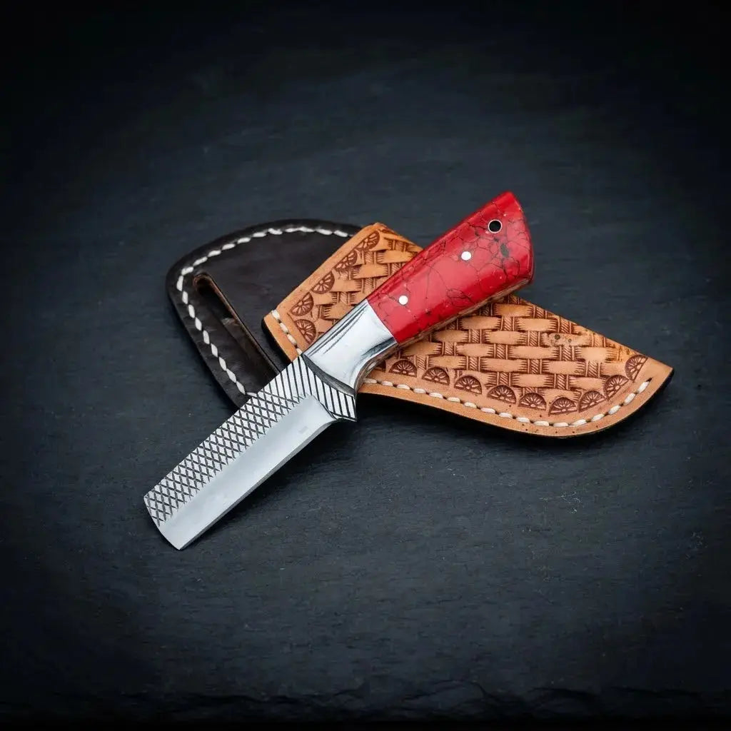 Handmade 6-inch cowboy bull cutter knife with stone handle and polished steel bolster