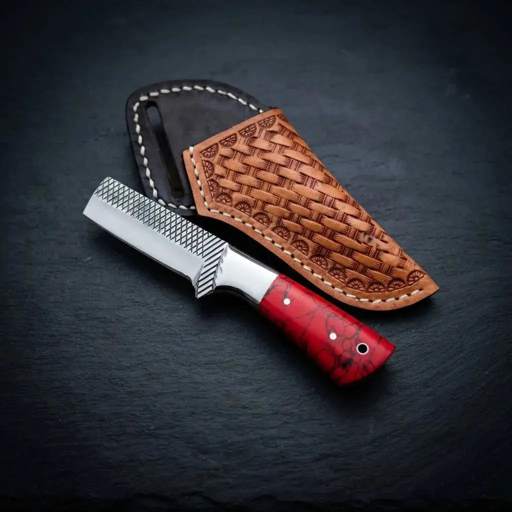 Horse rasp steel bull cutter knife, stone handle and polished bolster, with cross-draw leather sheath