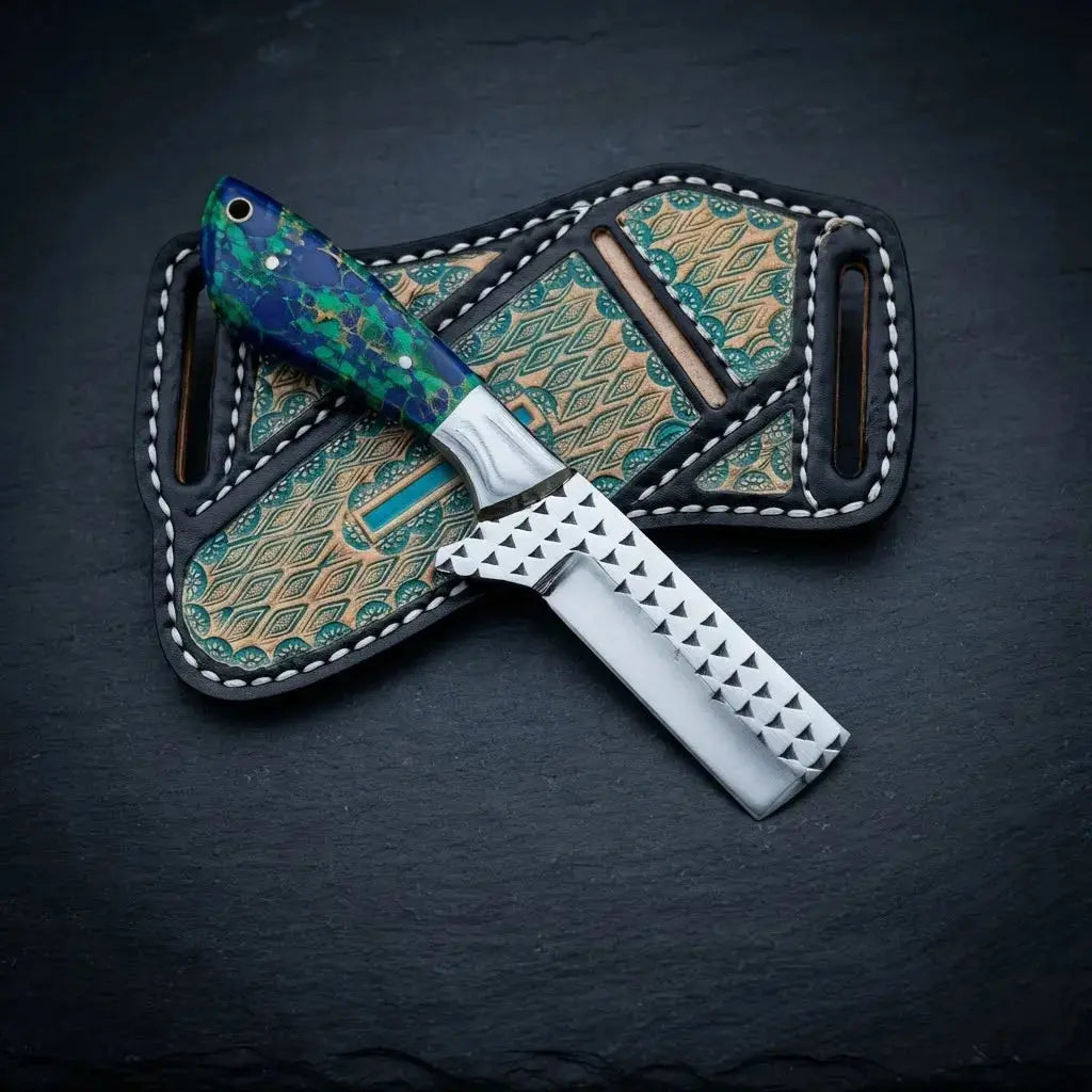 Handmade 7-inch cowboy bull cutter knife with horse rasp steel blade, stone handle and steel bolster
