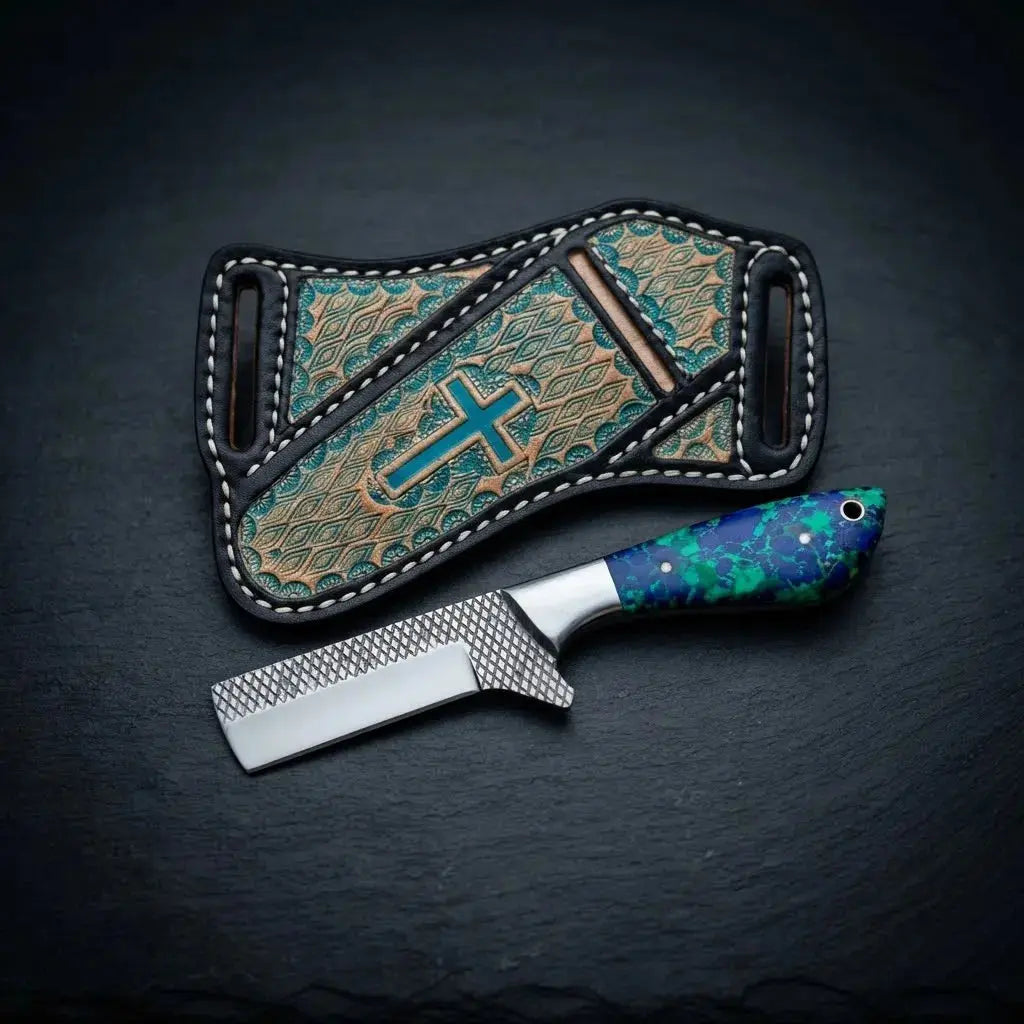 Horse rasp steel bull cutter knife with stone handle and cross-draw hand-stitched leather sheath