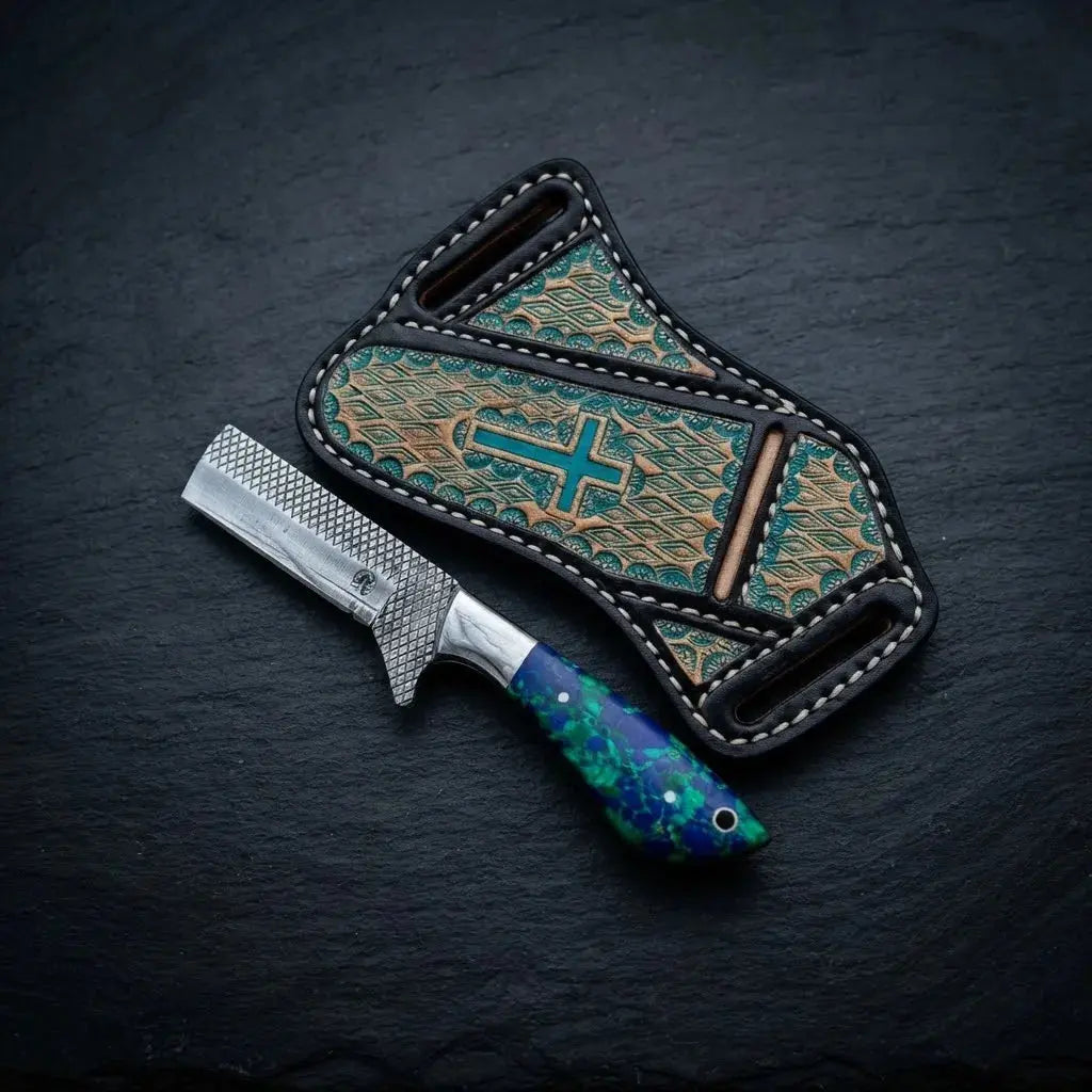 Western fixed blade bull cutter knife, 7 inch, stone handle, with decorated genuine leather sheath
