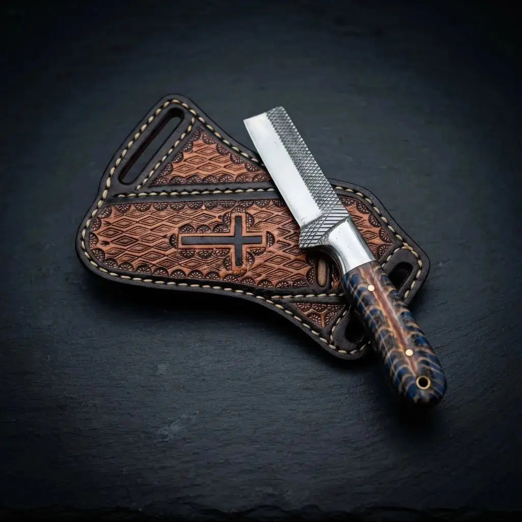Horse rasp cowboy bull cutter knife with resin and pinecone handle and cross-draw leather sheath