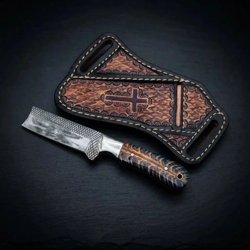 6.5 inch western bull cutter knife with polished steel bolster and pinecone resin grip