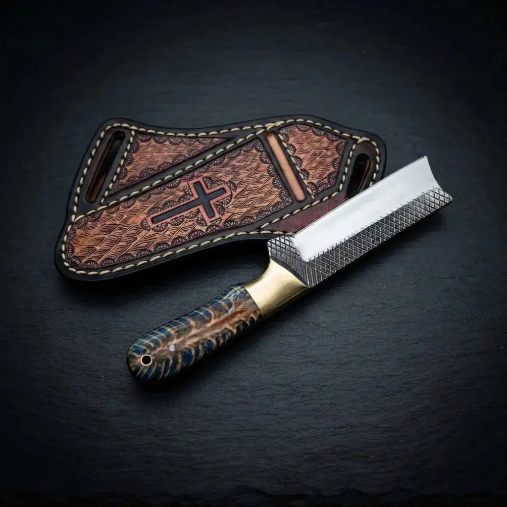 Handmade horse rasp steel bull cutter knife, 3 inch blade, with cross-draw sheath