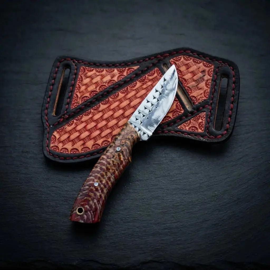 Handmade 6.5-inch cowboy skinner knife with pinecone resin handle and horse rasp steel blade