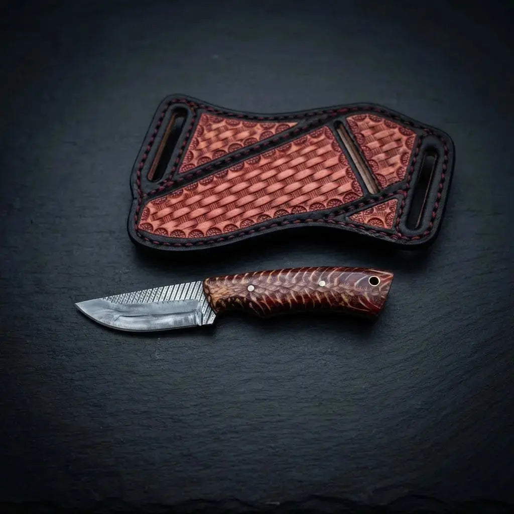 Pinecone resin handle skinner knife with steel bolster and cross-draw genuine leather sheath