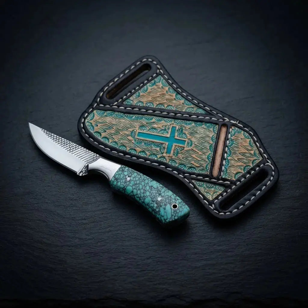 Stone handle cowboy skinner knife with cross-draw hand-stitched genuine leather sheath
