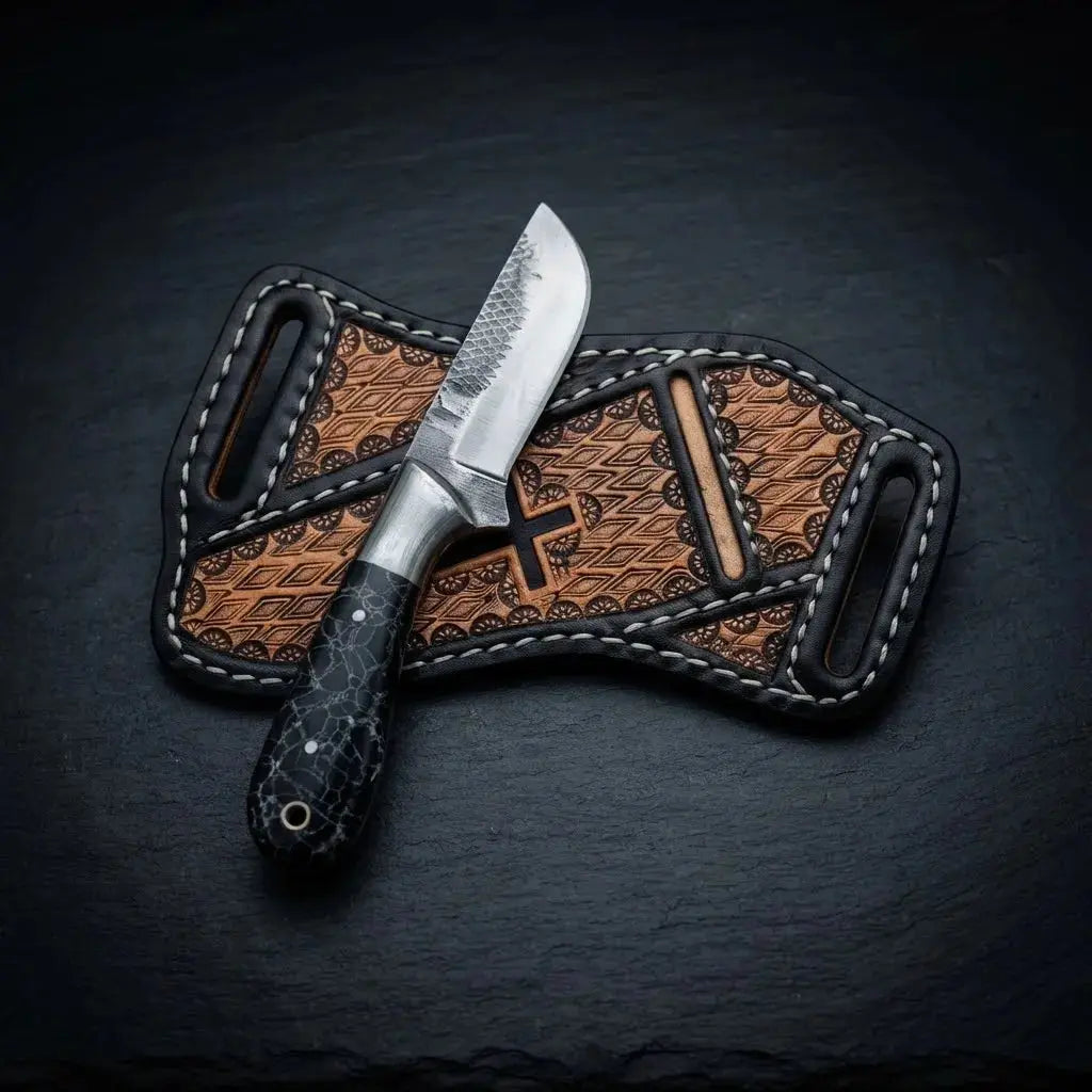 Stone handle skinner knife with 3.5-inch horse rasp steel blade and cross-draw leather sheath