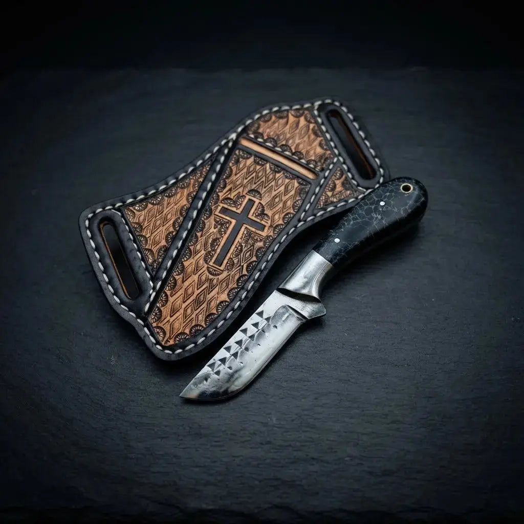 Western hunting skinner knife, 7 inch, stone handle, with hand-stitched genuine leather sheath