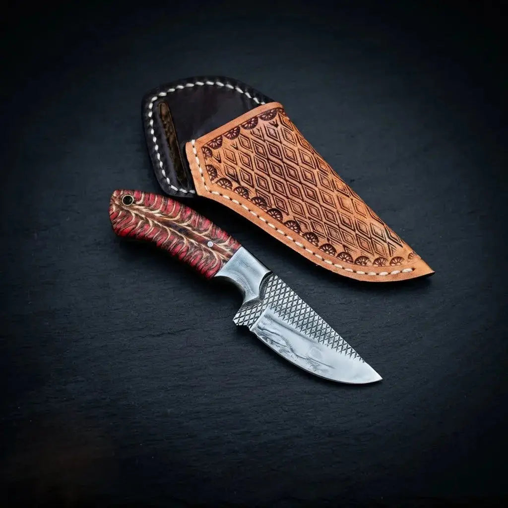 Pinecone handle cowboy knife with hand-stitched decorative cross-draw sheath