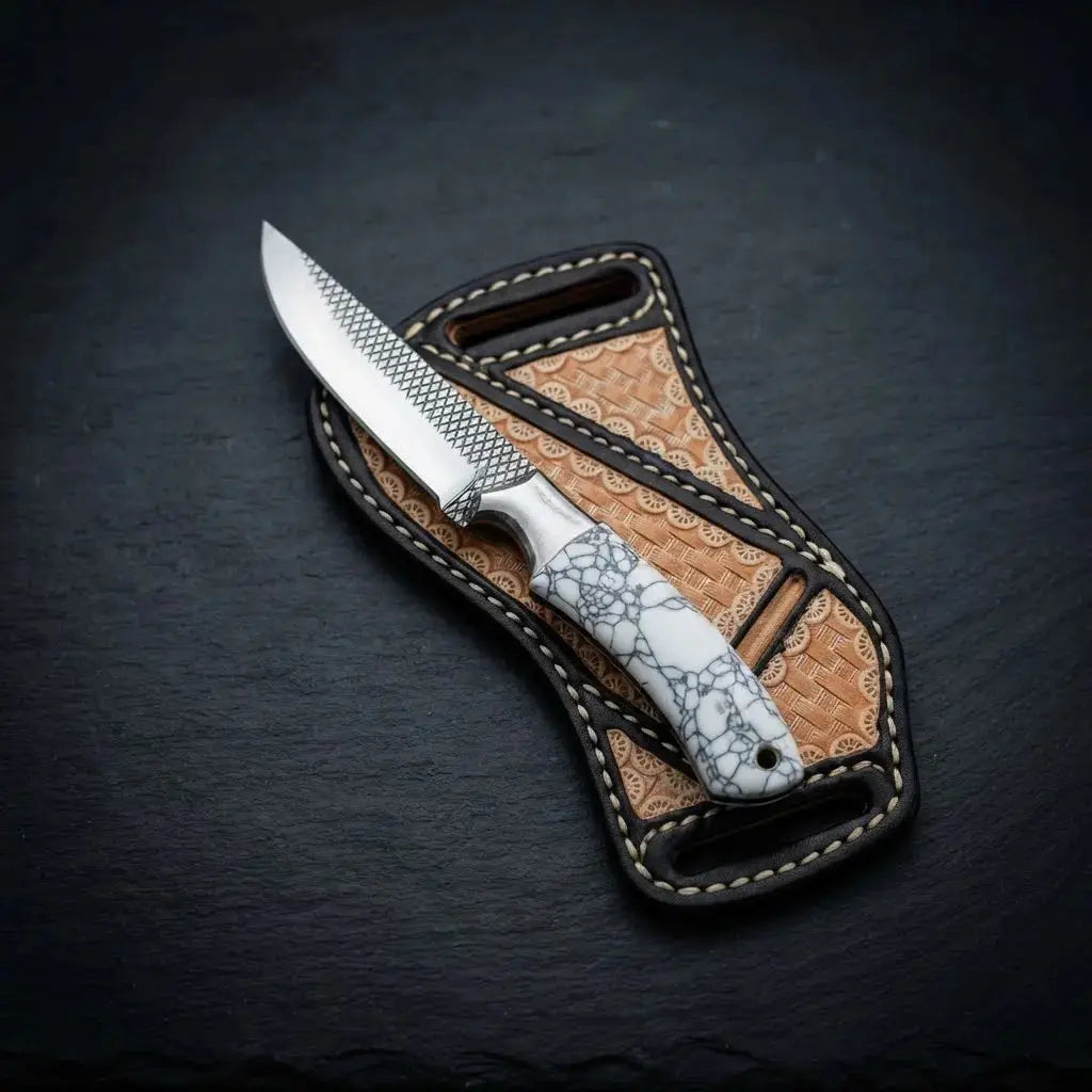 8 inch horse rasp cowboy skinner knife beside its cross-draw leather sheath