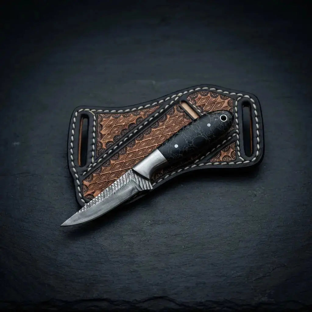 Horse rasp skinner knife with stone handle and steel bolster, 3 inch blade
