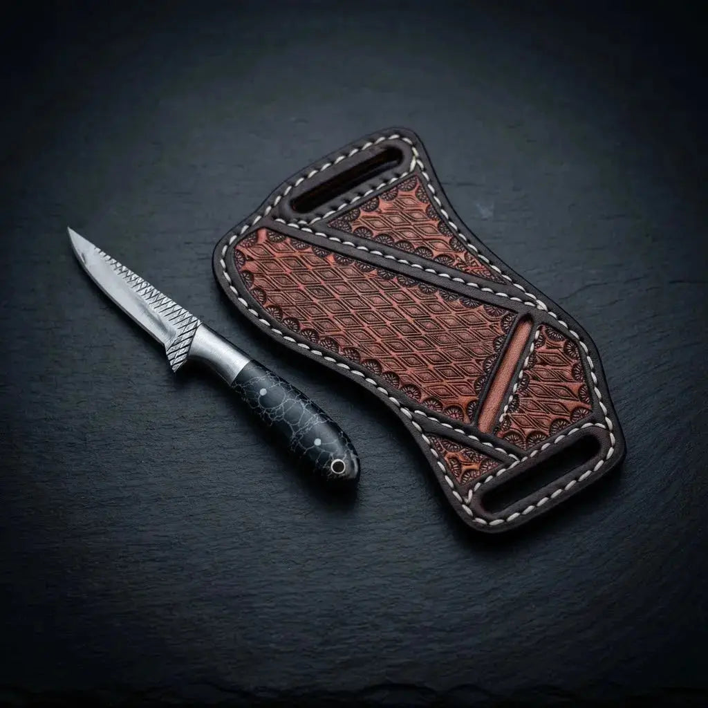 Stone handle cowboy skinner knife with hand-stitched decorative cross-draw sheath