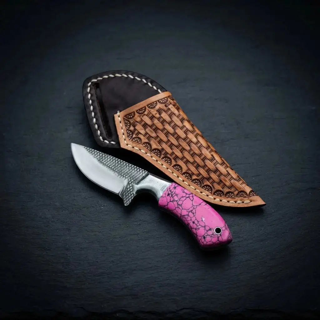 Small horse rasp skinner knife with stone handle and steel bolster