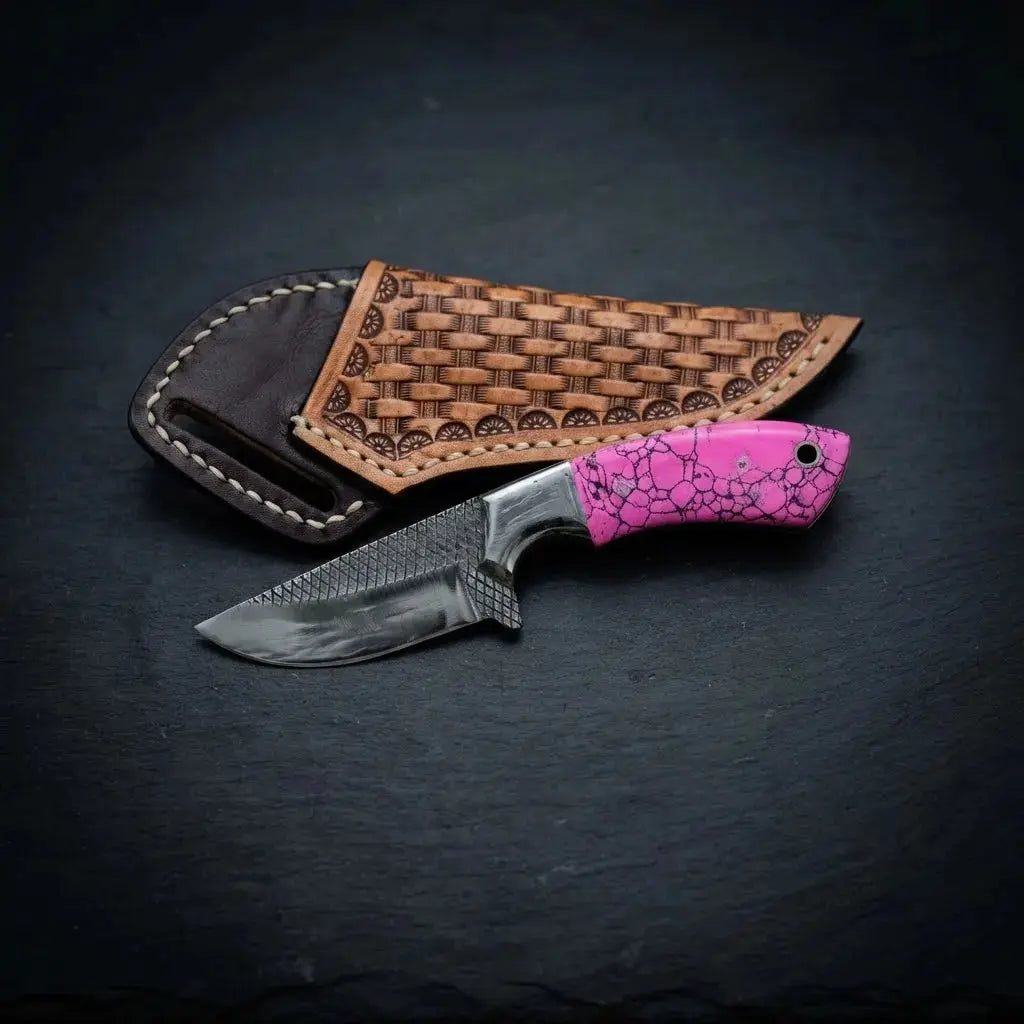 6 inch stone handle cowboy knife with hand-stitched leather cross-draw sheath