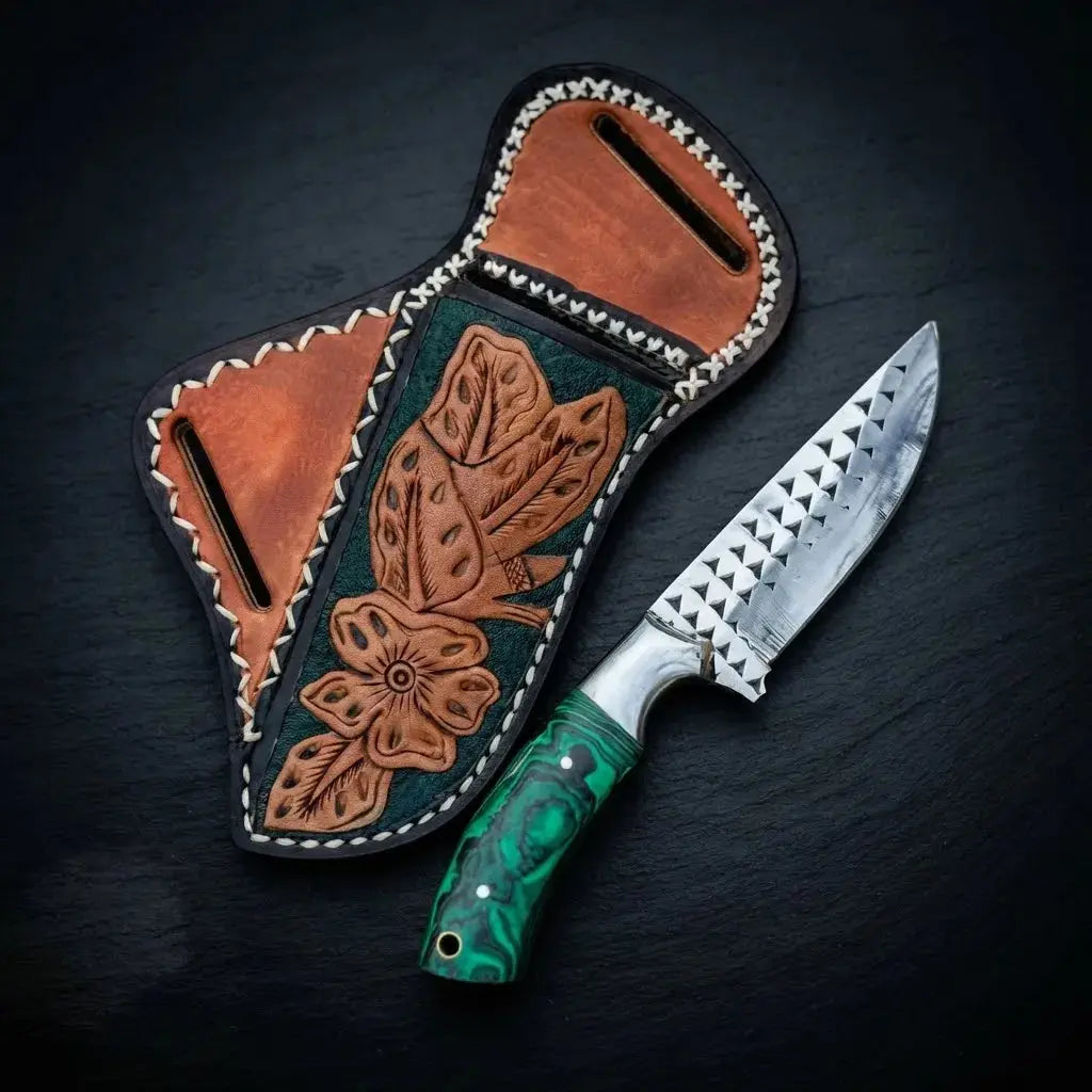 8 inch horse rasp steel cowboy skinner knife with stone handle and cross-draw leather sheath