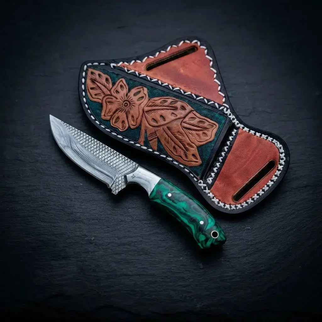 Full-size horse rasp skinner knife with stone handle and polished steel bolster