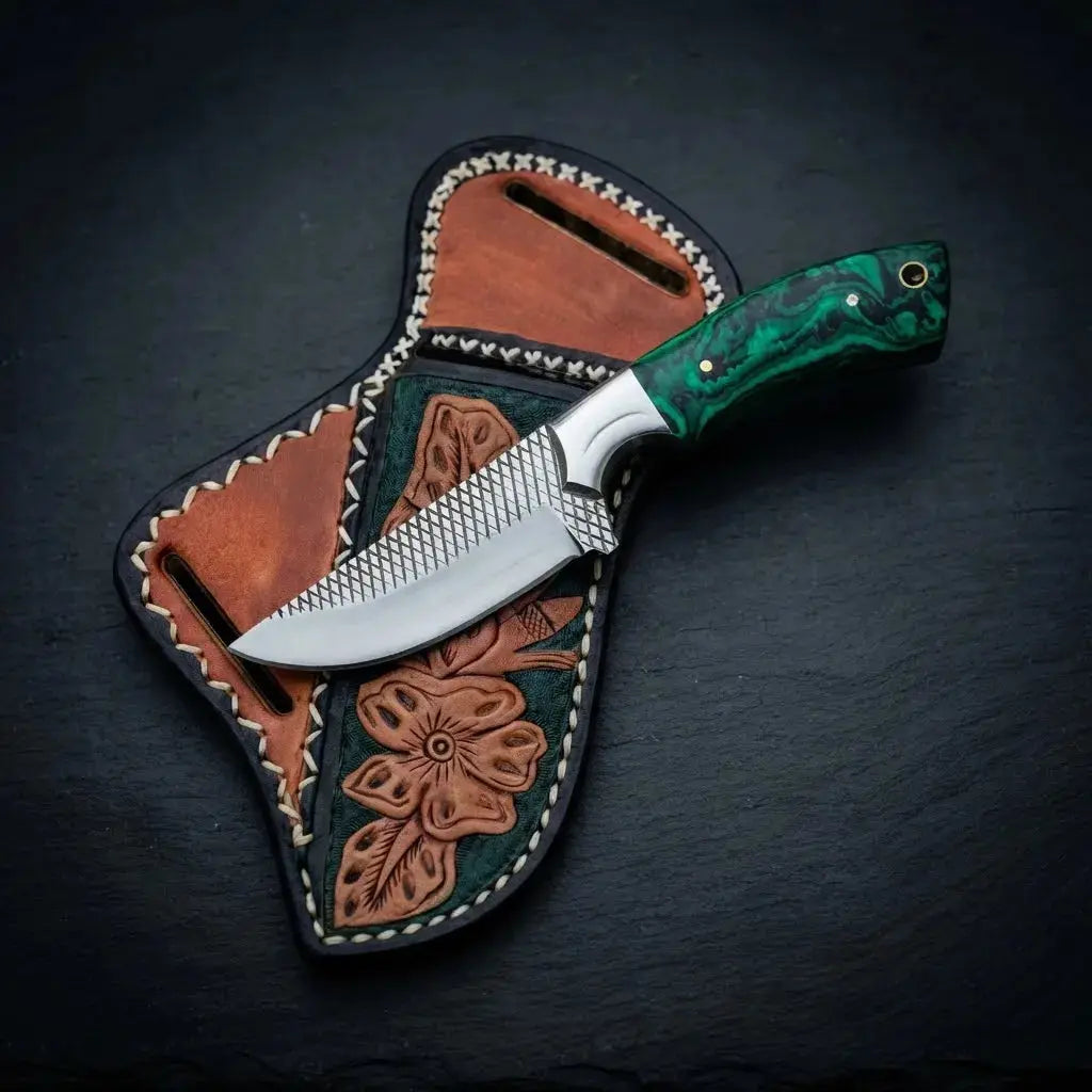 8 inch stone handle cowboy knife with western cross-draw leather sheath