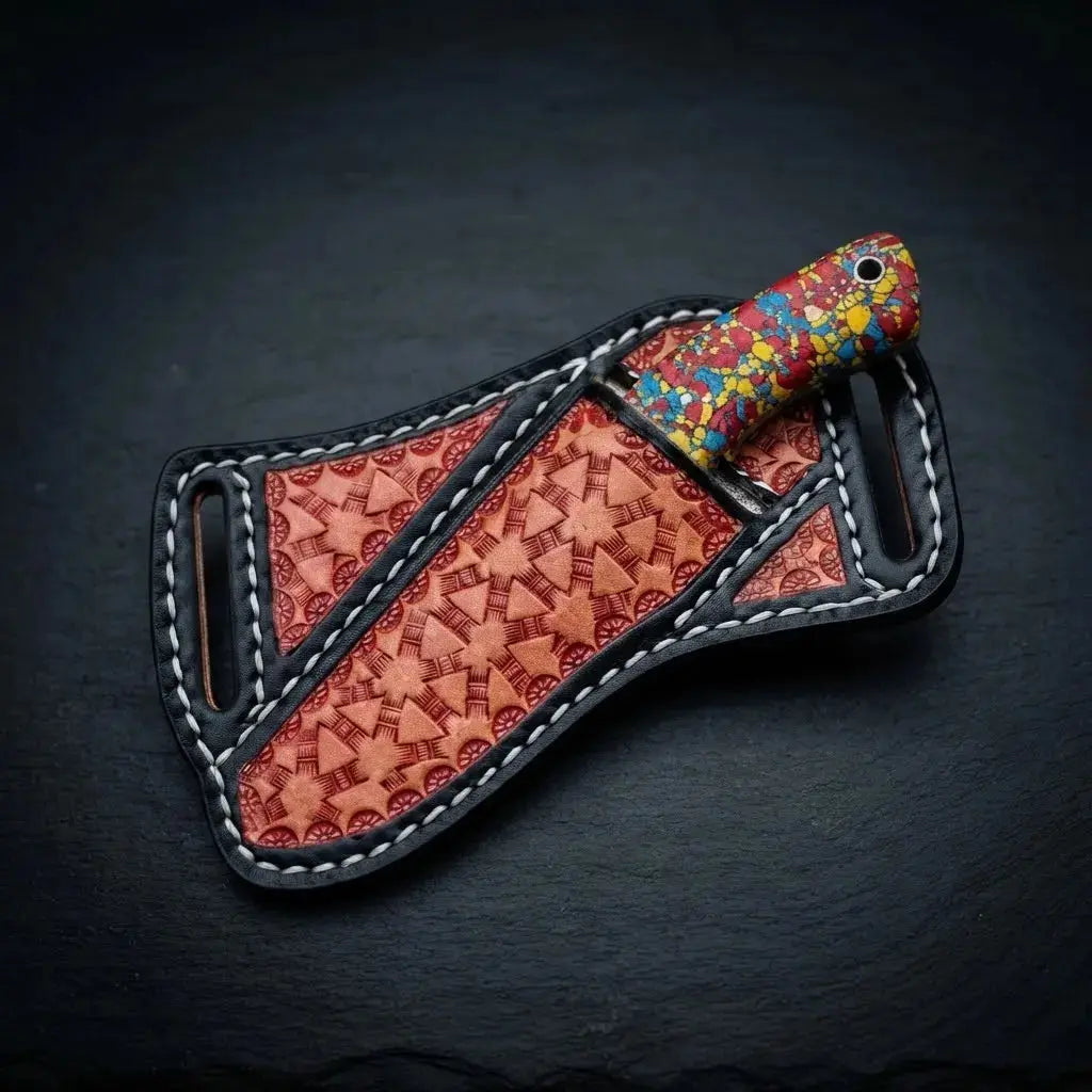 Full size stone handle cowboy skinner knife with cross-draw leather sheath