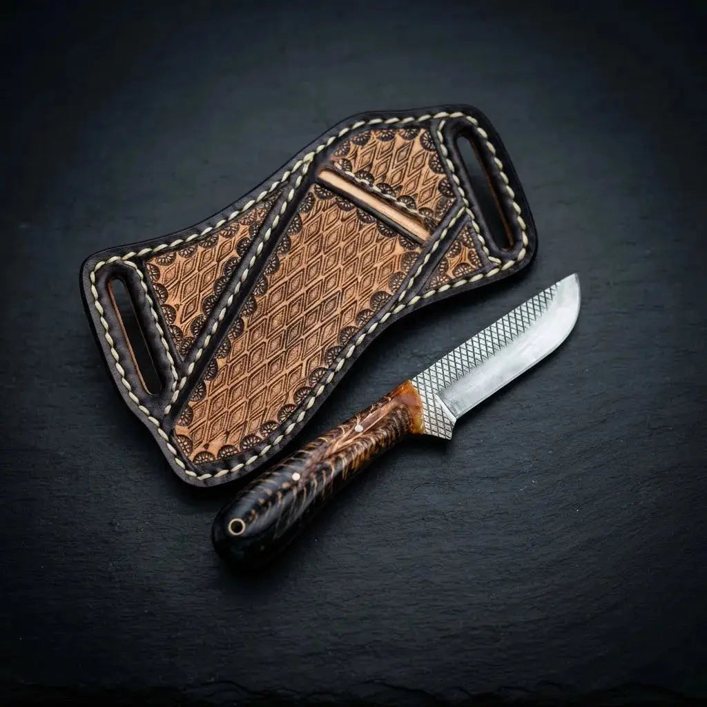 Horse rasp steel western skinner knife with pinecone resin handle, 7 inch